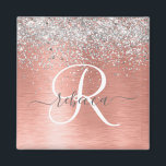 Rose Gold Brushed Metal Glitter Monogram Name Magnet<br><div class="desc">Easily personalise this trendy chic magnet design featuring pretty silver sparkling glitter on a rose gold brushed metallic background.</div>