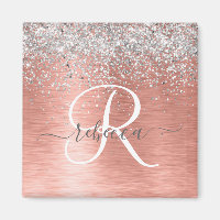 Rose Gold Brushed Metal Glitter Monogram Name