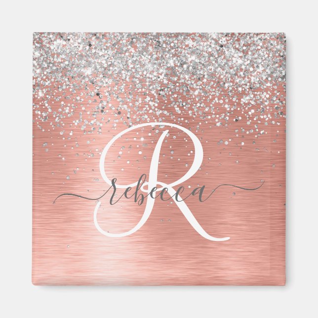Rose Gold Brushed Metal Glitter Monogram Name Magnet (Front)