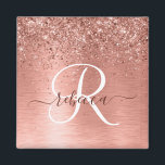 Rose Gold Brushed Metal Glitter Monogram Name Magnet<br><div class="desc">Easily personalise this trendy chic magnet design featuring pretty rose gold sparkling glitter on a rose gold brushed metallic background.</div>