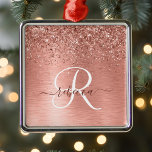 Rose Gold Brushed Metal Glitter Monogram Name Metal Ornament<br><div class="desc">Easily personalise this trendy chic metal ornament design featuring pretty rose gold sparkling glitter on a rose gold brushed metallic background.</div>