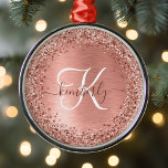 Rose Gold Brushed Metal Glitter Monogram Name Metal Ornament<br><div class="desc">Easily personalise this trendy chic ornament design featuring pretty rose gold sparkling glitter on a rose gold brushed metallic background.</div>