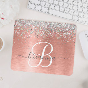 Rose Gold Brushed Metal Glitter Monogram Name Mouse Pad