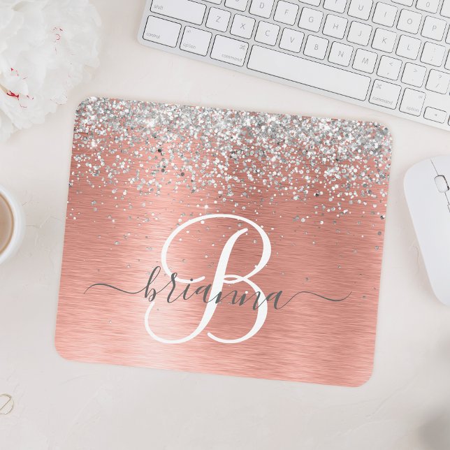 Rose Gold Brushed Metal Glitter Monogram Name Mouse Pad (Creator Uploaded)