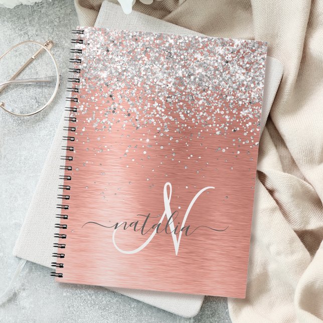 Rose Gold Brushed Metal Glitter Monogram Name Notebook (Creator Uploaded)