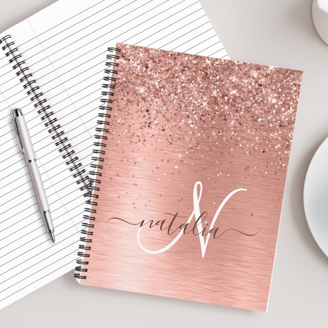 Rose Gold Brushed Metal Glitter Monogram Name Notebook (Creator Uploaded)