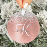 Rose Gold Brushed Metal Glitter Monogram Name Ornament<br><div class="desc">Easily personalise this trendy chic ornament design featuring pretty silver sparkling glitter on a rose gold brushed metallic background.</div>
