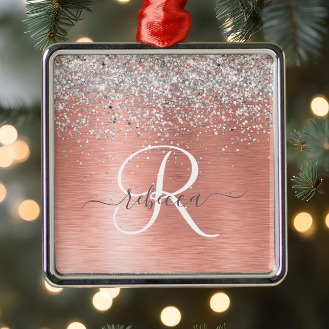 Rose Gold Brushed Metal Glitter Monogram Name Ornament (Creator Uploaded)