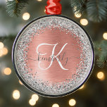 Rose Gold Brushed Metal Glitter Monogram Name Ornament<br><div class="desc">Easily personalise this trendy chic Christmas holiday ornament design featuring pretty silver sparkling glitter on a rose gold brushed metallic background.</div>