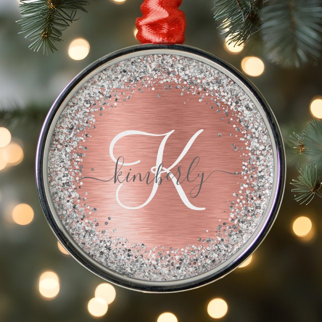 Rose Gold Brushed Metal Glitter Monogram Name Ornament (Creator Uploaded)