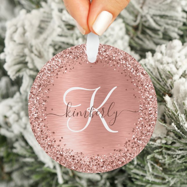Rose Gold Brushed Metal Glitter Monogram Name Ornament (Creator Uploaded)