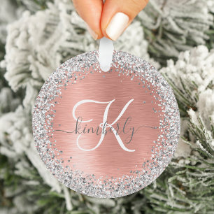 Rose Gold Brushed Metal Glitter Monogram Name Ornament
