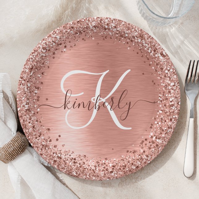 Rose Gold Brushed Metal Glitter Monogram Name Pape Paper Plate (Creator Uploaded)