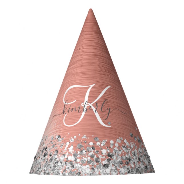 Rose Gold Brushed Metal Glitter Monogram Name Party Hat (Front)