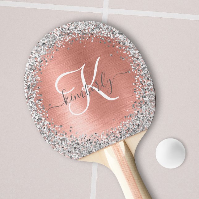 Rose Gold Brushed Metal Glitter Monogram Name Ping Pong Paddle (Creator Uploaded)