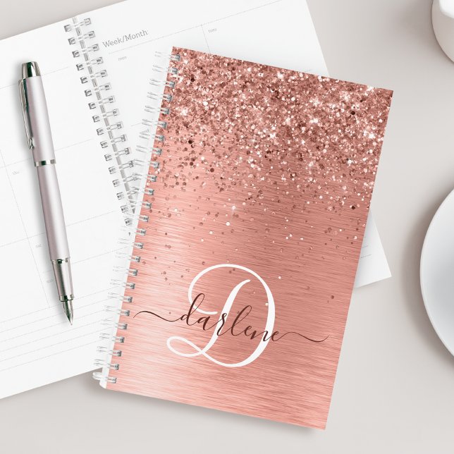 Rose Gold Brushed Metal Glitter Monogram Name  Planner (Creator Uploaded)