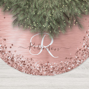 Rose Gold Brushed Metal Glitter Monogram Name Polyester Tree Skirt