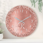 Rose Gold Brushed Metal Glitter Monogram Name Round Clock<br><div class="desc">Easily personalise this trendy chic large clock design featuring pretty rose gold sparkling faux glitter on a rose gold brushed metallic background.</div>