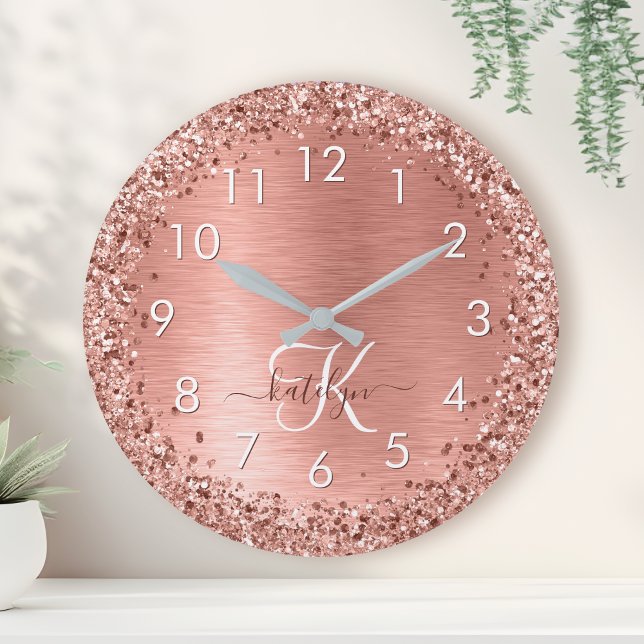 Rose Gold Brushed Metal Glitter Monogram Name Round Clock (Creator Uploaded)