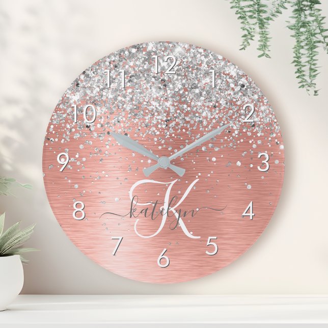 Rose Gold Brushed Metal Glitter Monogram Name Round Clock (Creator Uploaded)