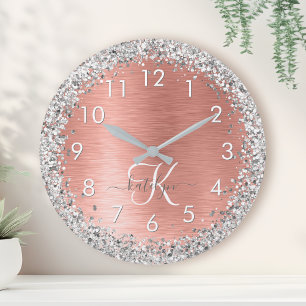 Rose Gold Brushed Metal Glitter Monogram Name Round Clock
