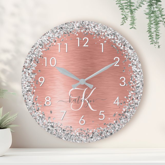 Rose Gold Brushed Metal Glitter Monogram Name Round Clock (Creator Uploaded)