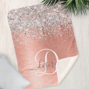 Rose Gold Brushed Metal Glitter Monogram Name  Sherpa Blanket