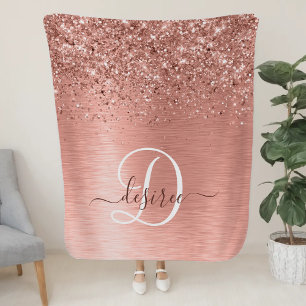 Rose Gold Brushed Metal Glitter Monogram Name Sherpa Blanket