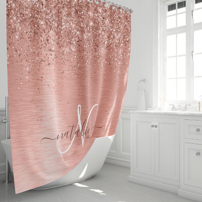 Rose Gold Brushed Metal Glitter Monogram Name Shower Curtain (Creator Uploaded)