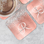 Rose Gold Brushed Metal Glitter Monogram Name Square Paper Coaster<br><div class="desc">Easily personalise this trendy chic paper coaster design featuring pretty silver sparkling glitter on a rose gold brushed metallic background.</div>