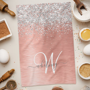 Rose Gold Brushed Metal Glitter Monogram Name Tea Towel