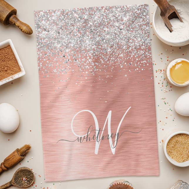 Rose Gold Brushed Metal Glitter Monogram Name Tea Towel (Creator Uploaded)