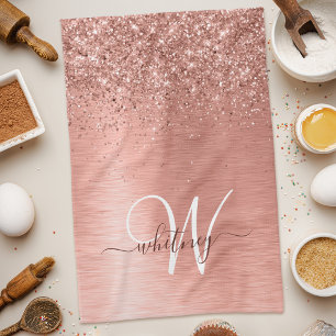 Rose Gold Brushed Metal Glitter Monogram Name Tea Towel