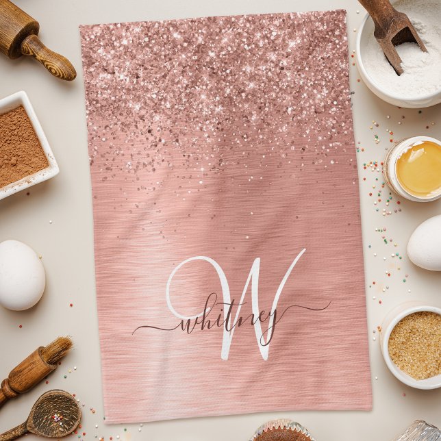 Rose Gold Brushed Metal Glitter Monogram Name Tea Towel (Creator Uploaded)