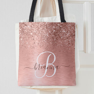 Rose Gold Brushed Metal Glitter Monogram Name Tote Bag