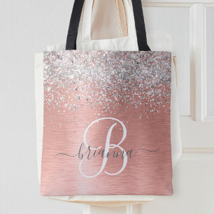 Rose Gold Brushed Metal Glitter Monogram Name Tote Bag