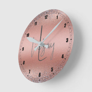 Rose Gold Brushed Metal Glitter Monogram   Round Clock