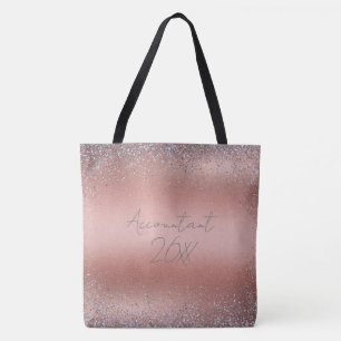 Rose Gold Brushed Metal Glitter Monogram Tote Bag