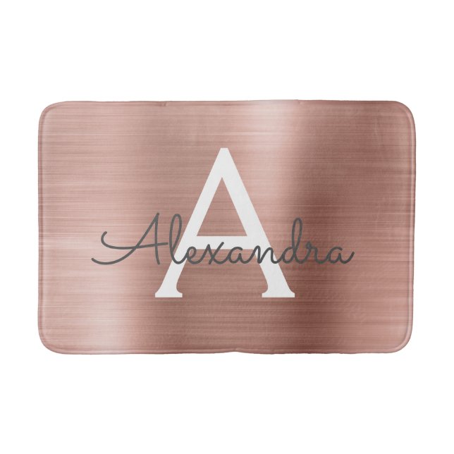 Rose Gold Brushed Metal Monogram Name and Initial Bath Mat (Front)