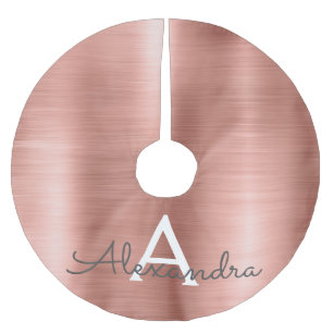 Rose Gold Brushed Metal Monogram Name and Initial Brushed Polyester Tree Skirt