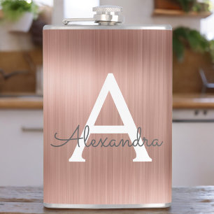 Rose Gold Brushed Metal Monogram Name and Initial Hip Flask
