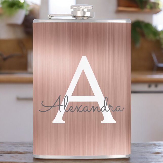 Rose Gold Brushed Metal Monogram Name and Initial Hip Flask (Creator Uploaded)