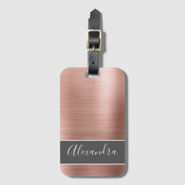 Rose Gold Brushed Metal Monogram Name Luggage Tag (Front Vertical)