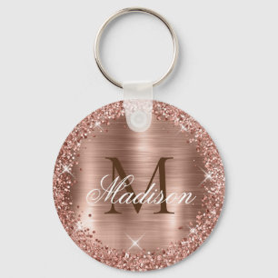 Rose Gold Brushed Metal Rose Gold Glitter Monogram Key Ring