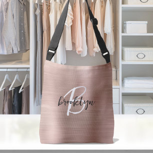 Rose Gold Brushed Metal Script Monogram Crossbody Bag