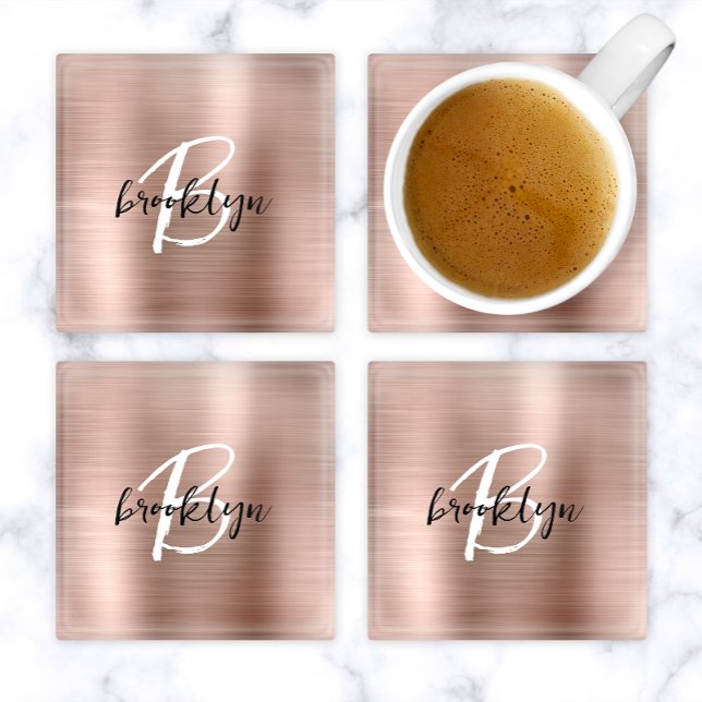 Rose Gold Brushed Metal Script Monogram  Glass Coaster (Creator Uploaded)