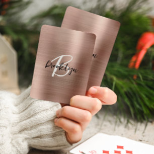Rose Gold Brushed Metal Script Monogram Playing Cards