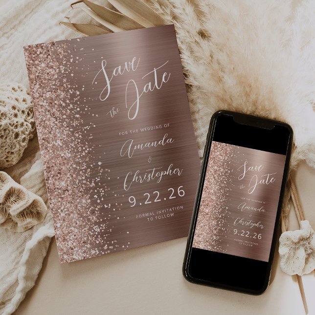 Rose Gold Brushed Metal Script Save the Date Announcement (Creator Uploaded)