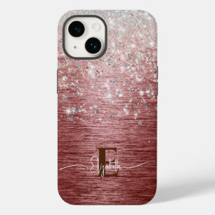 Rose Gold Brushed Metal Silver Glitter Monogram Case-Mate iPhone 14 Case