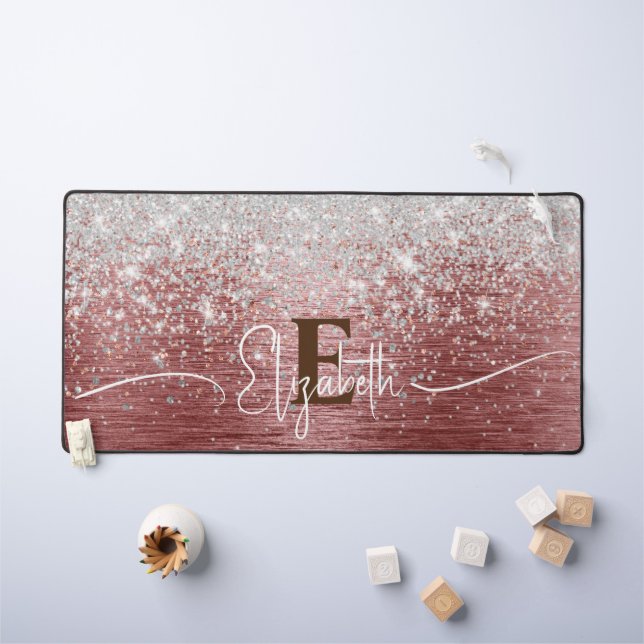 Rose Gold Brushed Metal Silver Glitter Monogram Desk Mat (Kids Table)
